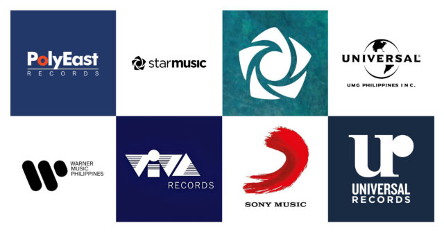 Logos of PolyEast Records, Star Music, Universal Music Group Philippines, Warner Music Philippines, Viva Records, Sony Music, and Universal Records