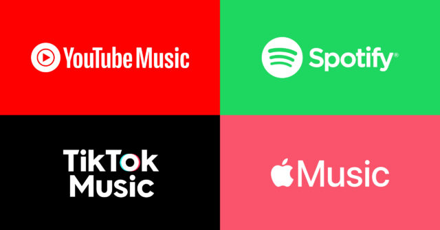 Logos of Youtube Music, Spotify, TikTok Music, and Apple Music