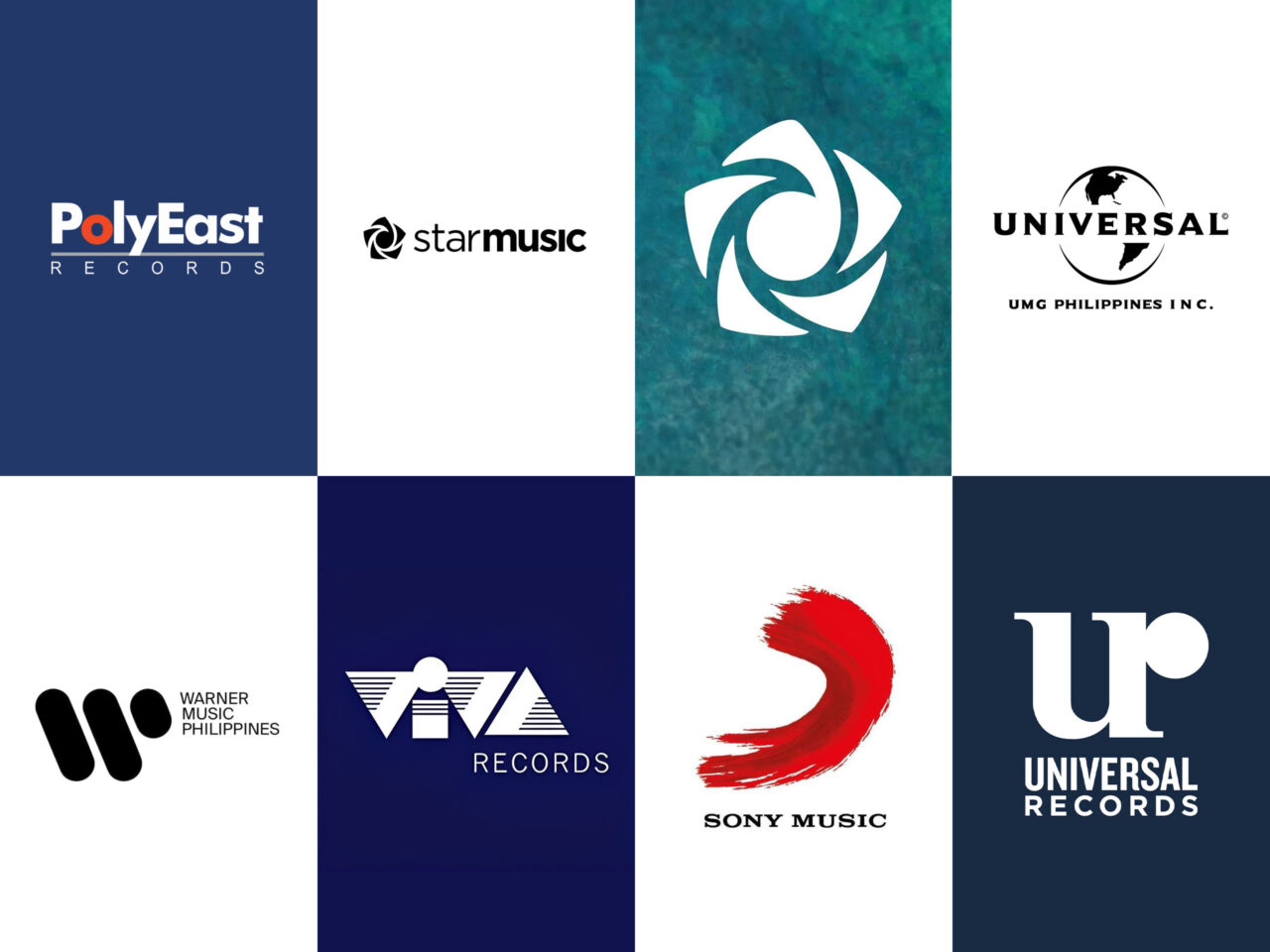 Logos of PolyEast Records, Star Music, Universal Music Group Philippines, Warner Music Philippines, Viva Records, Sony Music, and Universal Records.