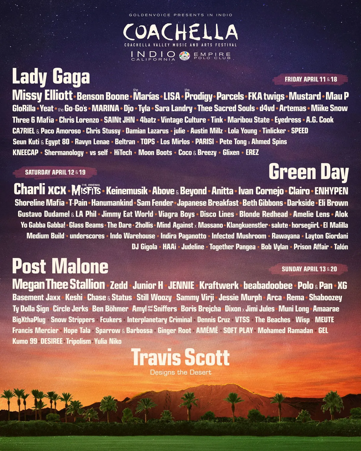 Lady Gaga, Green Day, Travis Scott To Lead Coachella 2025